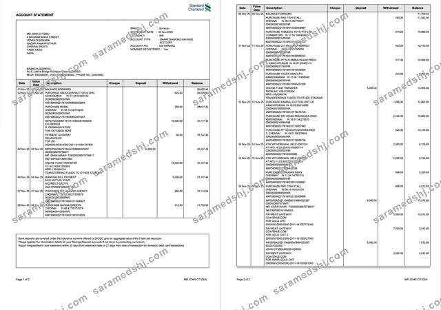 India Standard Chartered Bank account statement Word and PDF template, 2 pages, version 2